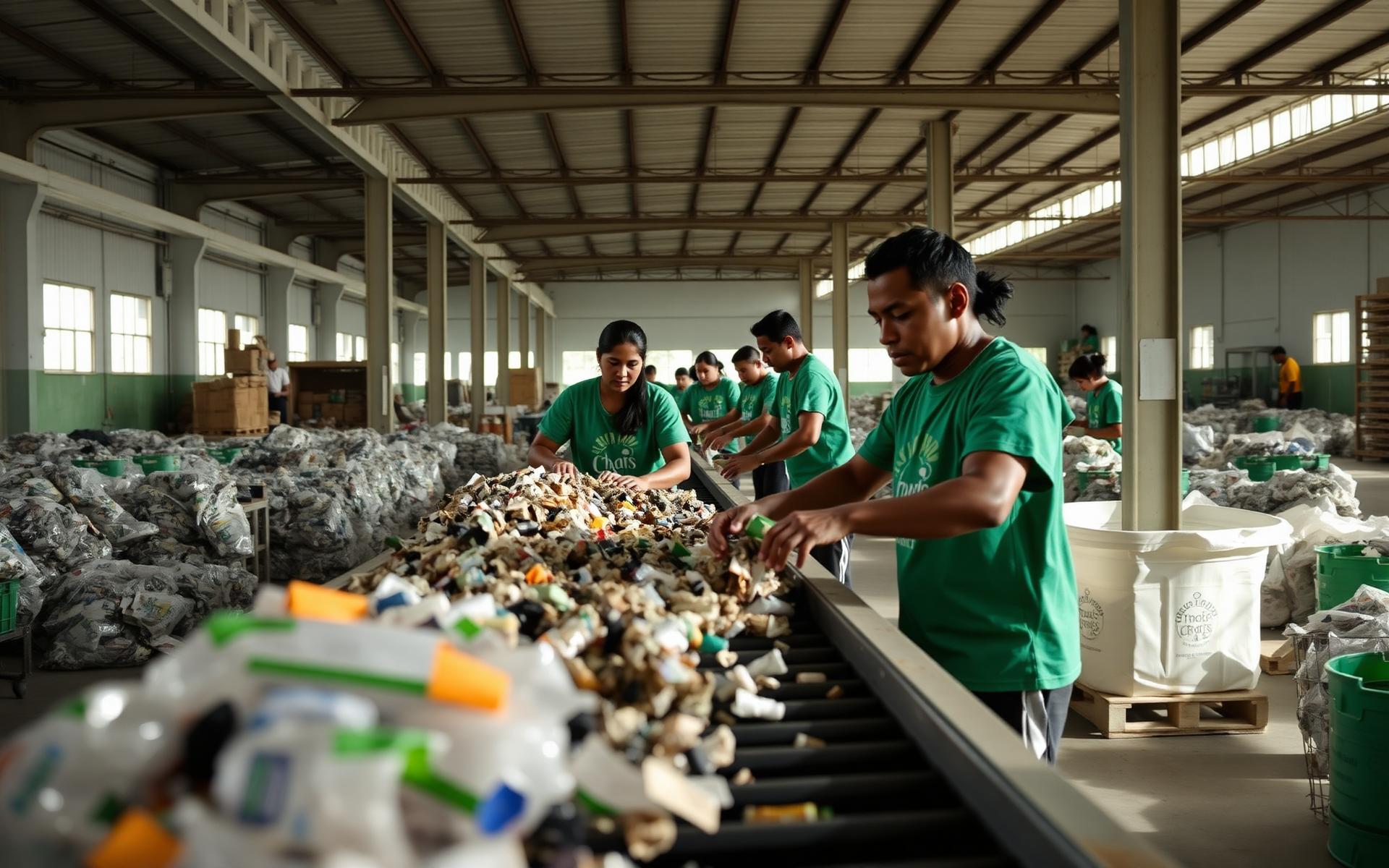 Cooperados da ACAMAR trabalhando na esteira de triagem de materiais recicláveis