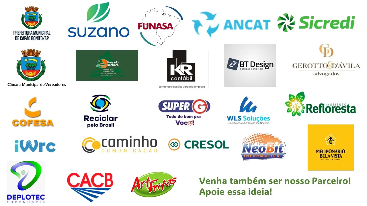 Logotipos dos parceiros da ACAMAR: Prefeitura Municipal de Capão Bonito, Suzano, Funasa, ANCAT, Sicredi, Câmara Municipal de Vereadores, Mercado Bechara, KR Contábil, BT Design, Gerotto & D'Ávila Advogados, Cofesa, Reciclar pelo Brasil, Super G, WLS Soluções, Instituto Refloresta, iWrc, Caminho Comunicação, Cresol, NeoBit Informática, Meliponário Bela Vista, Deplotec Engenharia, CACB e Art Fritas
