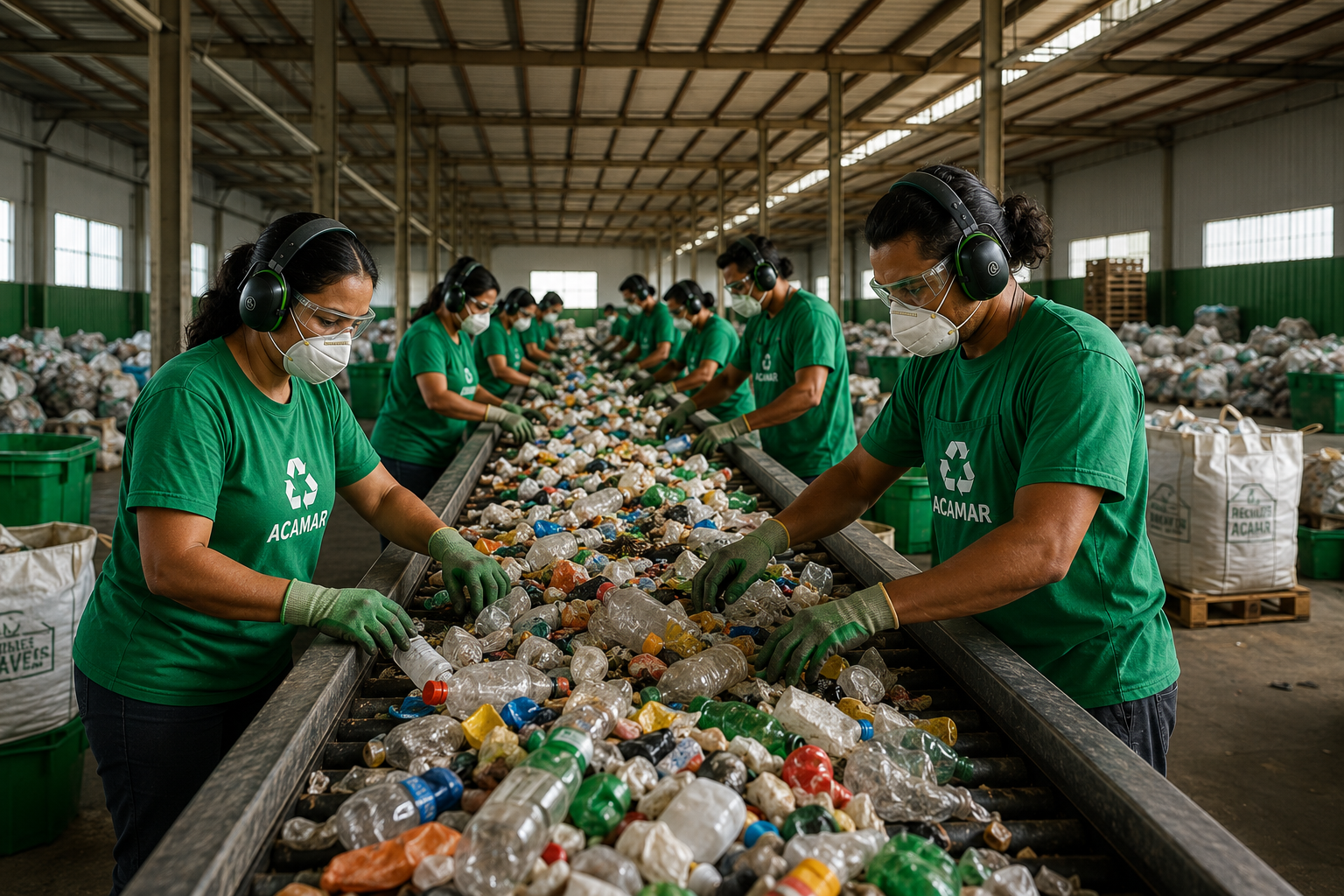 Close-up de mãos separando garrafas PET verdes para reciclagem