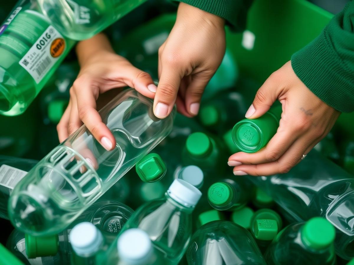 Mãos de cooperada separando garrafas PET recicláveis